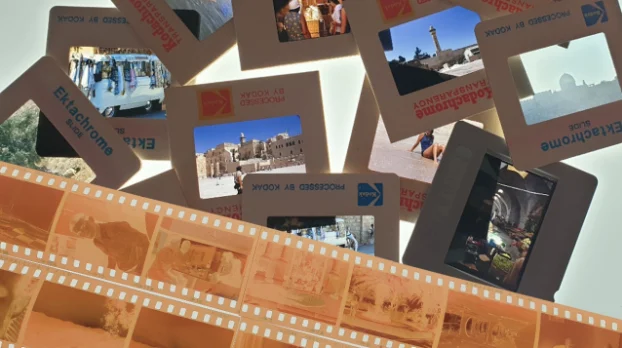 Kodachrome and Ektachrome slides and strips of negatives, ready to be digitised