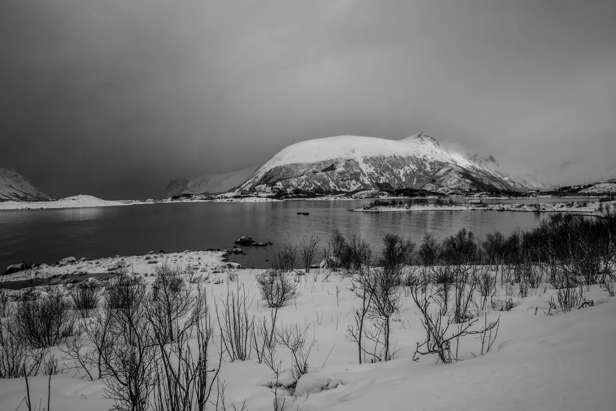 Piezography-afdruk van een besneeuwd berglandschap, in zwart-wit